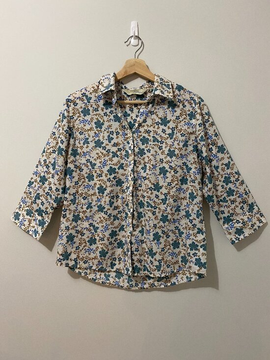 Penmans Tops - Vintage Floral Button Down Shirt Top 3/4 Sleeve Coastal Cottagecore Boxy Print